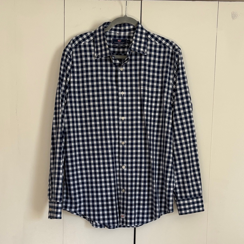 Vineyard Vines Men's Blue and White Checkered Shirt